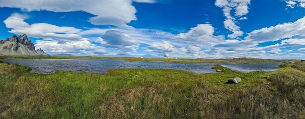 Panoramic landscape showing radar station in Stokksnes, Iceland