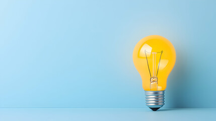 Glowing yellow light bulb on a light blue background