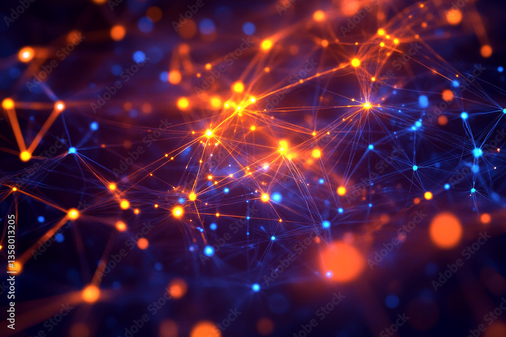 Poster abstract image of interconnected glowing nodes, orange and blue hues, creating a network visualizati