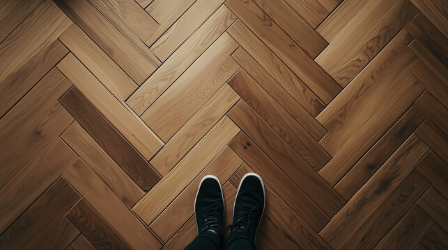 a top-down view of black sneakers standing on a warm wooden herringbone floor in a cozy indoor setting