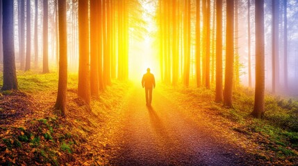 Fototapeta premium Sunlit Forest Path A Solitary Figure Walking Toward the Light in a Serene Woodland Scene