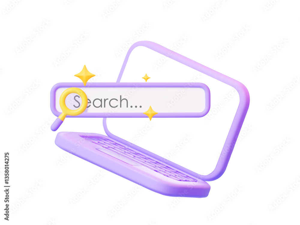 Poster 3d laptop with a blank screen and integrated search bar. concept of internet search, seo optimizatio