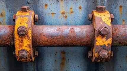Rusty pipe secured with yellow painted flanges and bolts