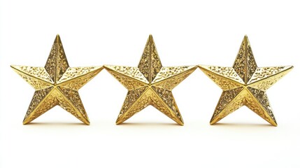 A row of five shiny, gold, three-dimensional stars arranged horizontally against a white background.