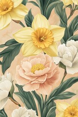 Floral Tapestry: A vintage-inspired botanical illustration featuring delicate daffodils and peonies in a harmonious arrangement.