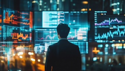 Businessman Analyzing Data on Multiple Screens at Night