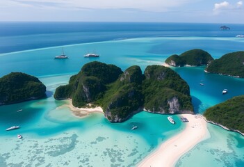 Aerial drone Landscape Turquoise lagoon Nui beach koh Phi Phi Don island, Krabi, Thailand