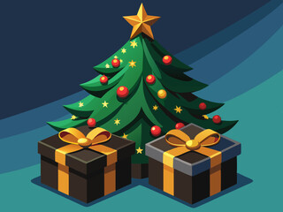 vector of  Christmas tree with a black and gold box on top. The box is decorated with a bow