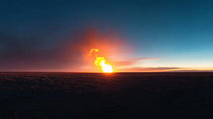 Sunset landscape with a large flame burning in a field, creating a dramatic and fiery scene, symbolizing power, energy, or natural processes