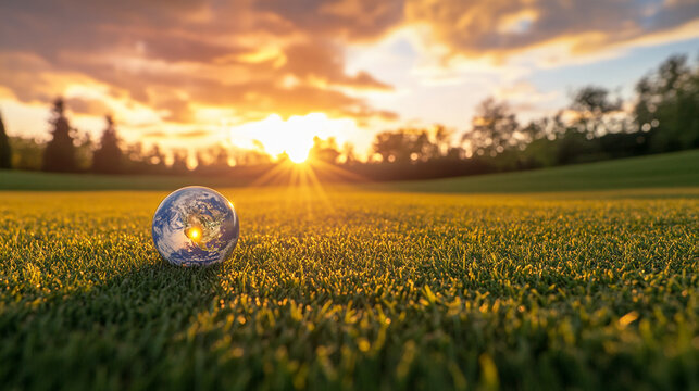 Small globe resting on green grass, bathed in warm sunset light, representing environmental care, sustainability, or global unity