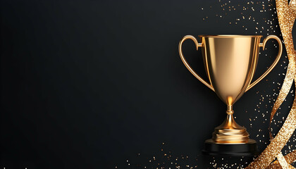 Golden trophy on black background with gold confetti and ribbon