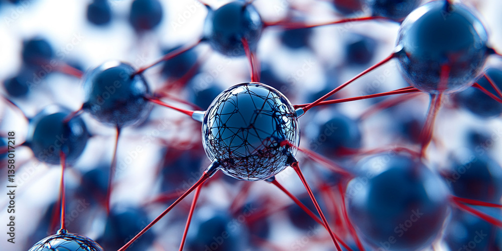 Poster close-up of a molecular structure, dark-blue spheres connected by thin red rods, creating a complex 
