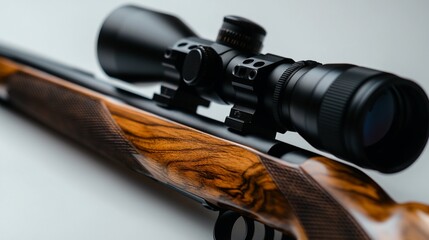 Obraz premium Close-Up of a Hunting Rifle with High-Powered Scope on a Light Backdrop