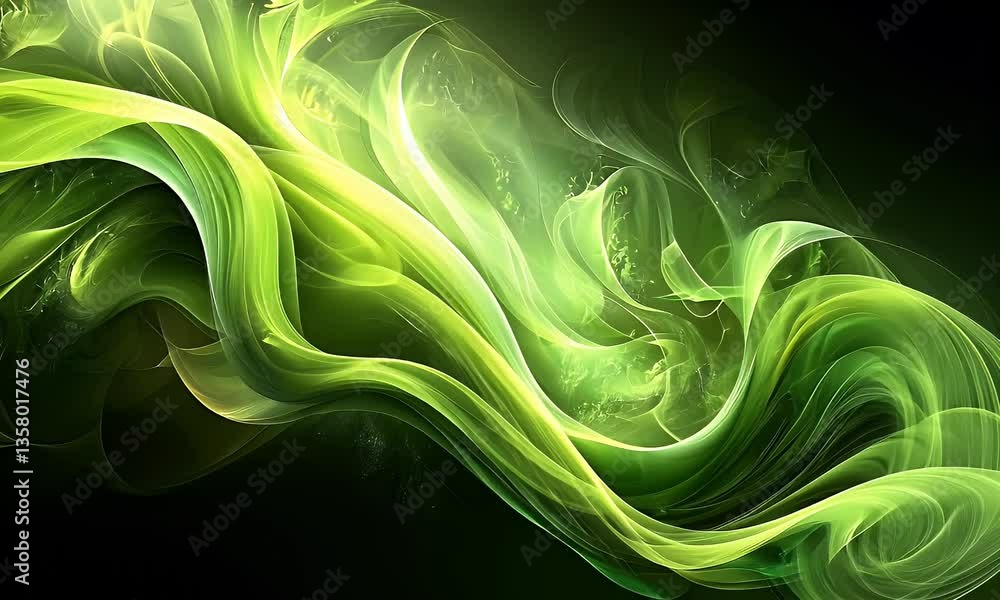 Wall mural abstract swirling green waves with shimmering light effects creating a dreamy atmosphere in a fluid 