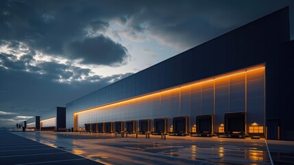 A large exterior warehouse with many trucks parked outside at evening