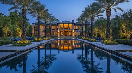 Luxurious waterfront estate at dusk, reflecting in a large pool