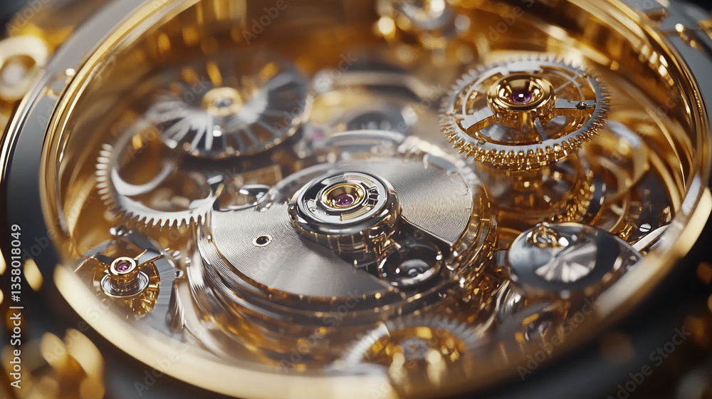 Poster Close-up of intricate gold watch mechanism, showcasing gears and components, representing precision, craftsmanship, and luxury timepiece detail