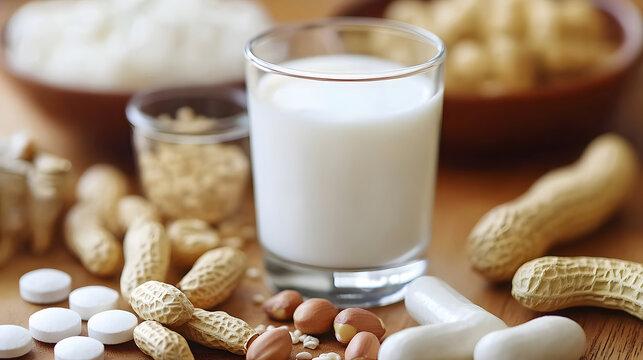Peanut allergy concept. A glass of milk is surrounded by peanuts, peanut butter, peanut flour, pills and other potential sources of allergens.