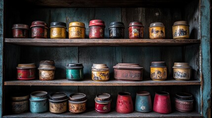 Vintage Painted Jars On Wooden Shelves