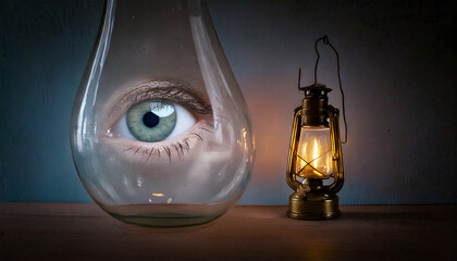 A surreal composition featuring an eye inside a glass vessel and a lantern. The contrast of light and shadow evokes themes of perception, isolation, and hidden knowledge.