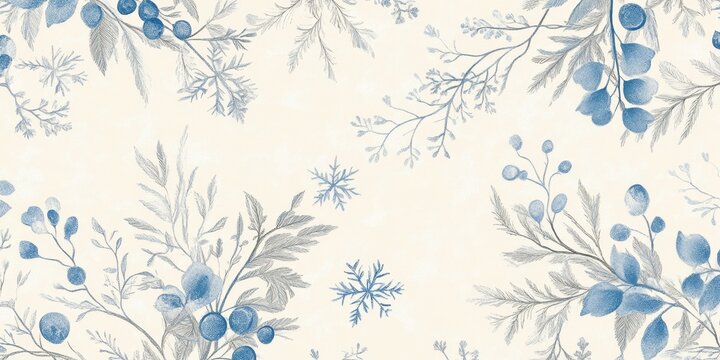Winter's Embrace: A serene, artful composition of winter foliage and delicate snowflakes in muted, cool tones, invoking the beauty of the season.