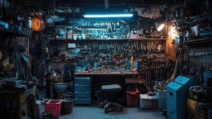 A cluttered workshop filled with various tools and equipment