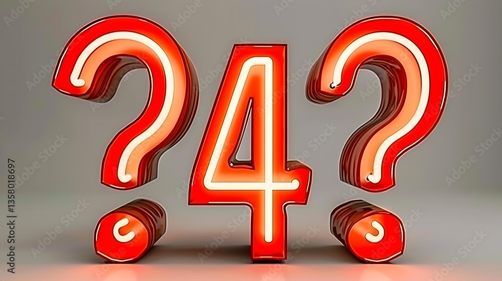 Poster a red number four flanked by question marks in three dimensions