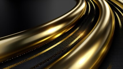 Elegant Curving Gold Tubes Against a Black and Gold Background