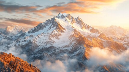 Majestic snow-capped peak at sunset, clouds below