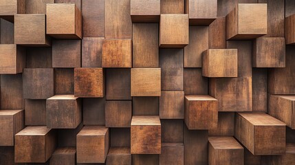 Geometric decor block design textured brown wood panels forming cube like patterns