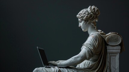 Goddess sculpture ancient working with laptop isolated dark background. Generated AI image