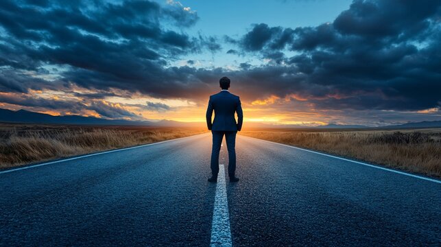 Man in suit stands on open road facing sunset