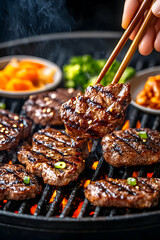Grilled marinated beef slices on a hot grill with chopsticks, accompanied by side dishes