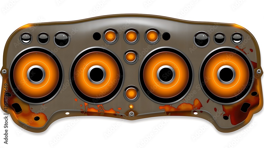 Poster a stylized audio speaker featuring multiple orange illuminated circular elements