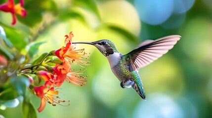 Fototapeta premium Captivating Moment of a Hummingbird in Flight Beside Vibrant Flora
