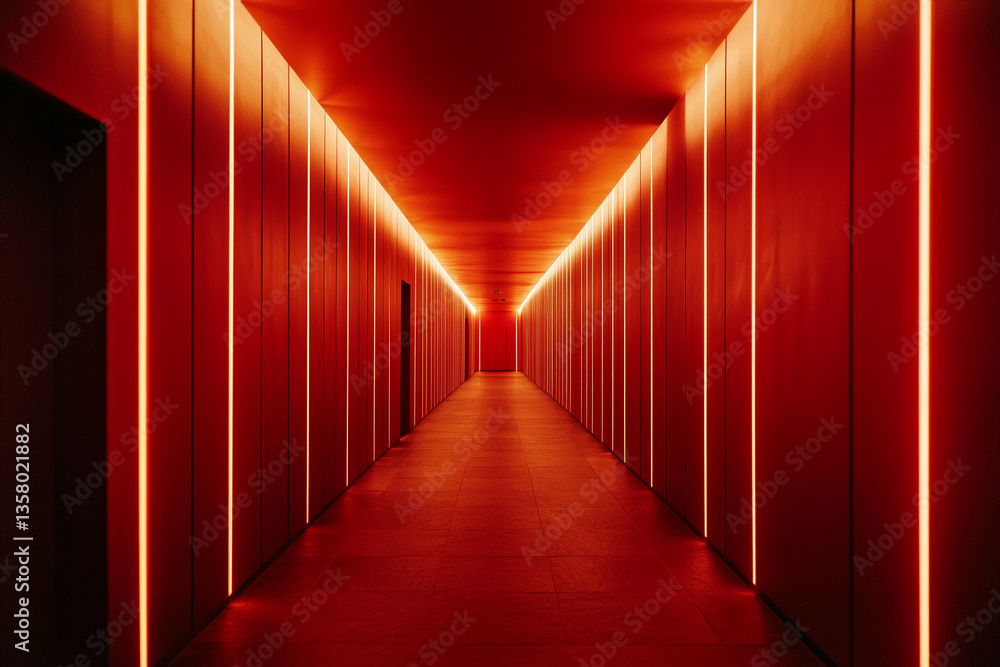 Poster red corridor with illuminated vertical lines on walls, creating a dramatic and modern architectural 