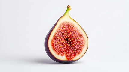 Halved ripe fig, showcasing its vibrant red interior and tiny seeds against a bright backdrop