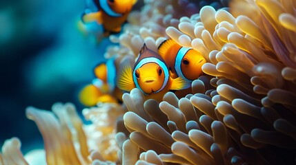 Playful clownfish swimming within anemone’s vibrant protective embrace