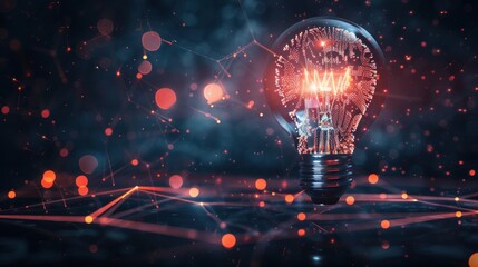 A light bulb is lit up in a dark room with a blurry background
