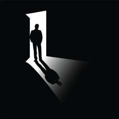 Silhouette of a man walking out through an open door