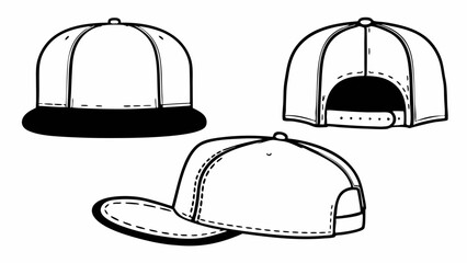 Three views of a flat brim baseball cap in black and white outline style illustration design elementcreated with generative AI