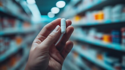 Person holding a white pill in a pharmacy aisle during daytime