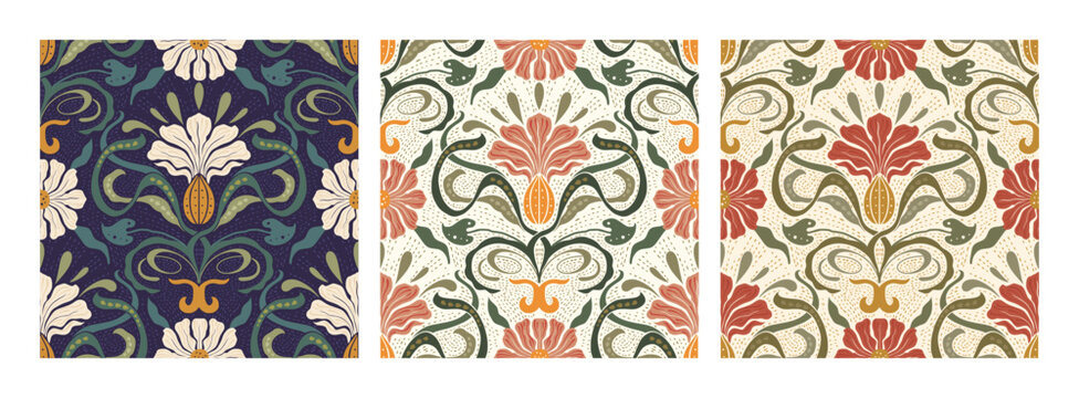 Art Nouveau Vintage Pattern Set Seamless Vector Background Baroque Floral Antique Motif Boho Ethnic Ornament