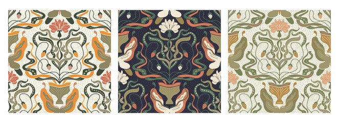 Art Nouveau Butterfly Vintage Pattern Set Seamless Vector Background Baroque Floral Antique Motif Boho Ethnic Ornament