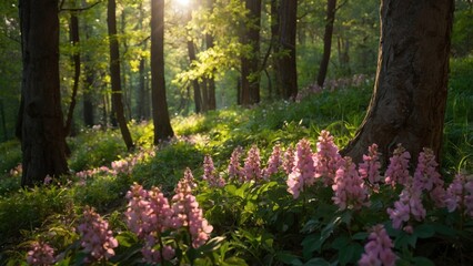 Obraz premium Spring sunlight through forest trees over blooming wildflowers