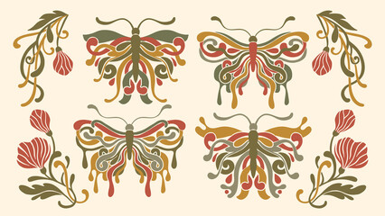 Art Nouveau Butterfly Vintage Ornament Set Vector Baroque Floral Motif Boho Bohemian Antique Ethnic Card