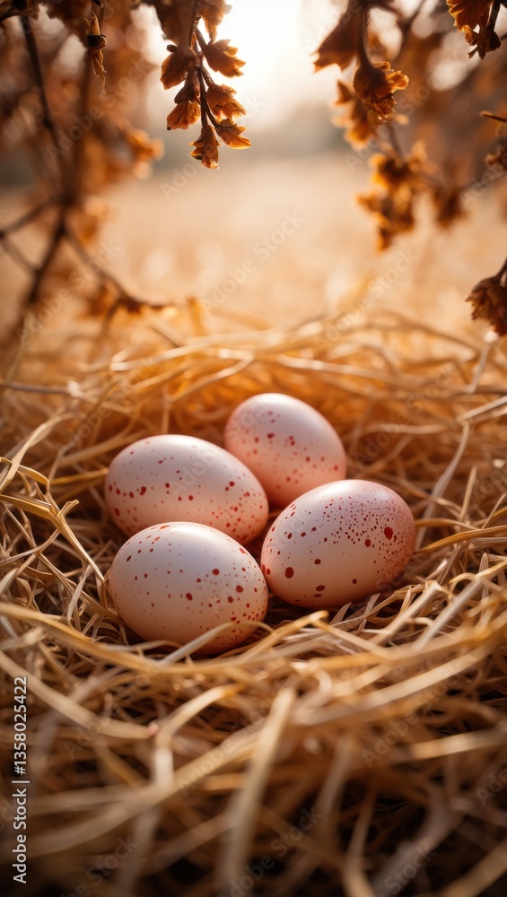 Aufkleber nesting in warmth, four speckled eggs rest gently in golden straw under soft sunlight during a seren