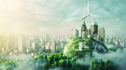 Future concept of green global earth environmental technology with windmill and city buildings