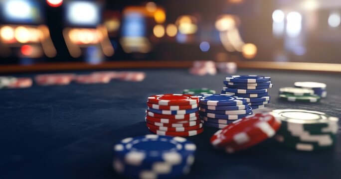 Des jetons de couleur rouge et bleu sur une table &agrave; jouer, vue de face, avec un arri&egrave;re-plan flou repr&eacute;sentant l'int&eacute;rieur d'un casino.