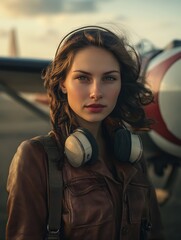 Vintage Aviator Woman Poses Confidently Beside a Classic Airplane at Sunset in a Nostalgic Aviation Setting Generative AI